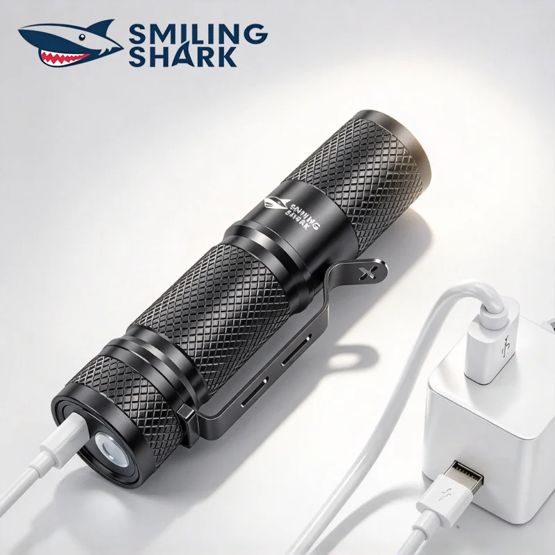 Edc Carry Clip - スマイルシャーク 超強力ミニLED懐中電灯 USB充電式 高輝度 EDCライト 金属製ペンクリップ付き